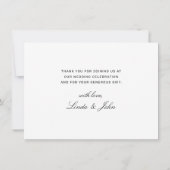 Elegante Schwarz-weiße moderne Skripthochzeit Dankeskarte (Rückseite)