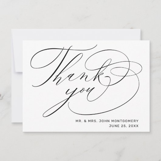 Elegante Schwarz-weiße moderne Skripthochzeit Dankeskarte (Vorderseite)