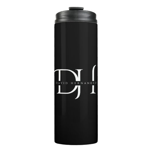 Elegante Schwarz-weiße Monogramm-Initialen Chic Cu Thermosbecher (Vorderseite)