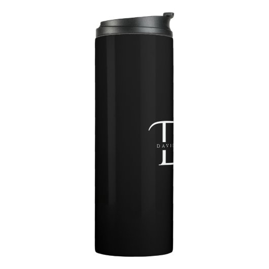 Elegante Schwarz-weiße Monogramm-Initialen Chic Cu Thermosbecher (Nach links gedreht)