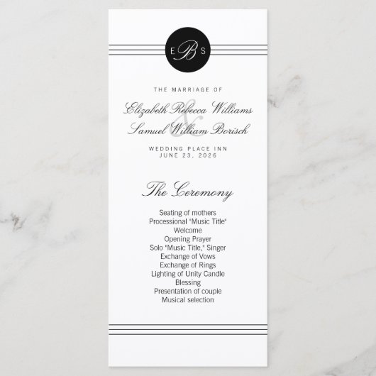 Elegante Schwarz-weiße Monogramm-Rackkarten Programm (Vorderseite)