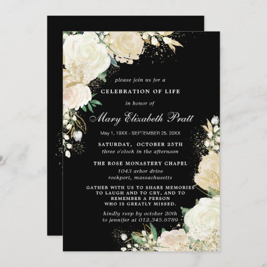 Elegante Schwarz-weiße Rose Blumenbeerdigung Einla Einladung (Vorne/Hinten)