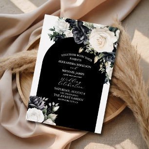Elegante Schwarz Weiße Rosen Hochzeit Folieneinladung
