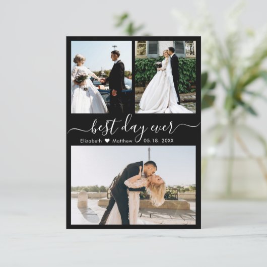 Elegante Schwarz-weiße Script Foto Collage Wedding Dankeskarte (Stehend Vorderseite)