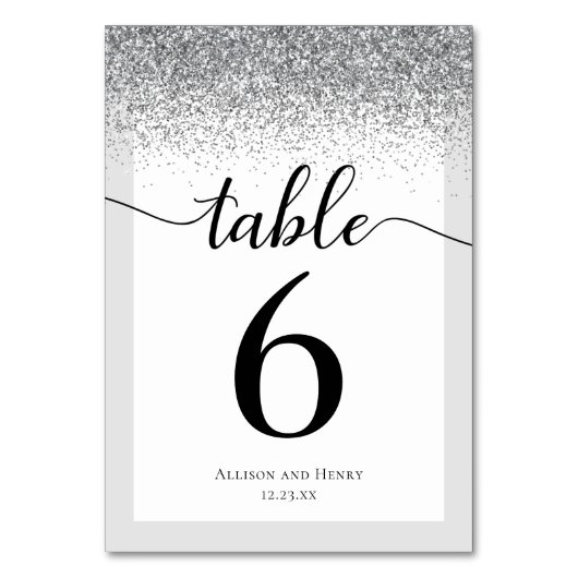 Elegante Schwarz-weiße Script-Glitzer-Hochzeit Tischnummer (Rückseite)