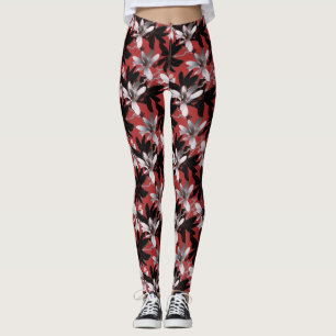 Elegante Schwarz-weiße Silver Blume Burgund Leggings