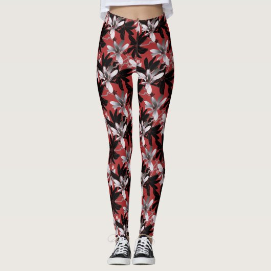 Elegante Schwarz-weiße Silver Blume Burgund Leggings (Vorderseite)