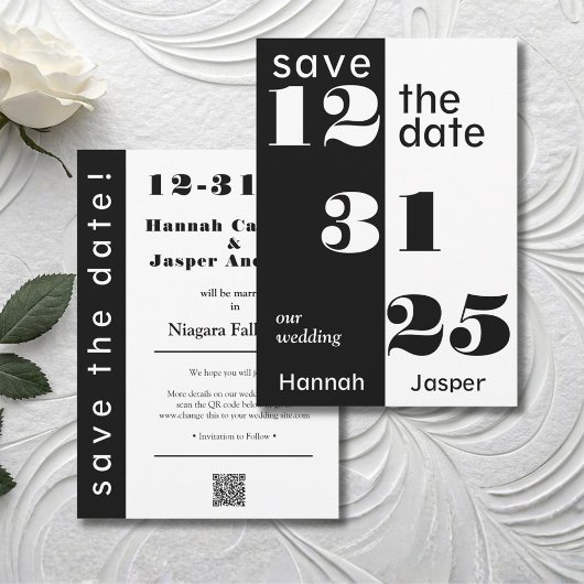 Elegante schwarz-weiße Silvesterhochzeit Save The Date