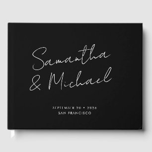 Elegante Schwarz-weiße Skriptkalligrafie-Hochzeit Gästebuch