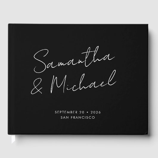 Elegante Schwarz-weiße Skriptkalligrafie-Hochzeit Gästebuch (Vorderseite)