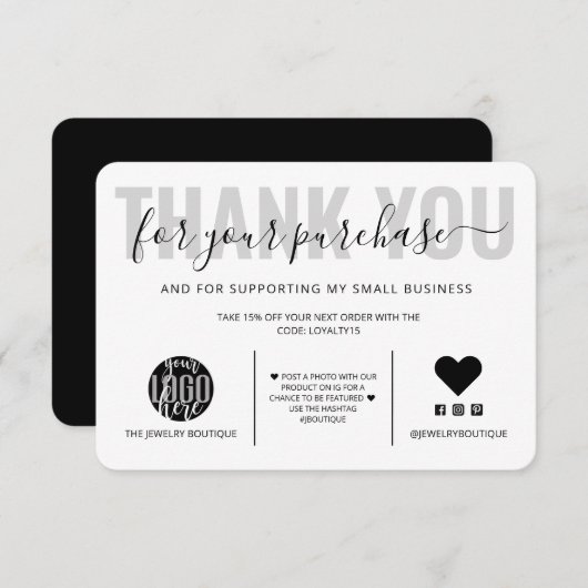 Elegante Schwarz-weiße Skriptlogos Vielen Dank Dankeskarte (Vorne/Hinten)