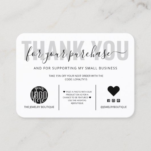 Elegante Schwarz-weiße Skriptlogos Vielen Dank Visitenkarte (Vorderseite)