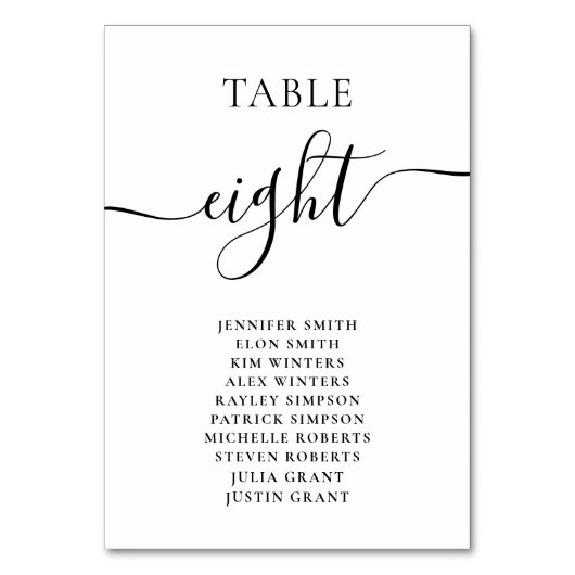 Elegante Schwarz-weiße Skriptnamen Hochzeit Tischnummer (Vorderseite)