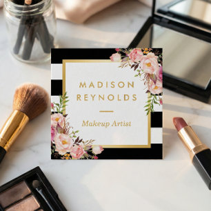 Elegante Schwarz-weiße Streifen aus geblümten Gold Quadratische Visitenkarte