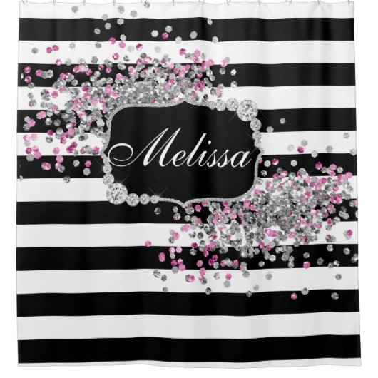 Elegante Schwarz-weiße Streifen Diamantrosa Glitze Duschvorhang (Vorderseite)