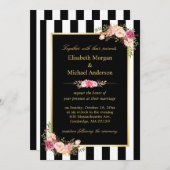 Elegante Schwarz-weiße Streifen Hochzeit der Blume Einladung (Vorne/Hinten)