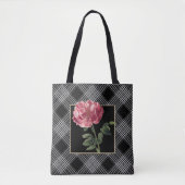 Elegante schwarz-weiße Streifen mit rosa Blume Tasche (Vorderseite)