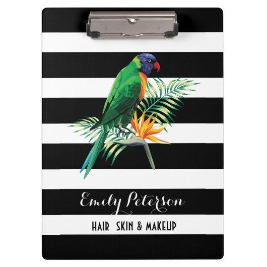 Elegante Schwarz-weiße Streifen mit Vögeln und Blu Klemmbrett (Vorderseite)