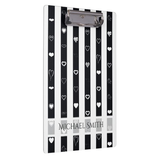 Elegante Schwarz-weiße Streifen Modernes Herzmuste Klemmbrett (Rechts)