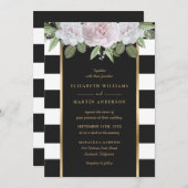 Elegante Schwarz-weiße Streifen Rosa Rosa Blüte Einladung (Vorne/Hinten)