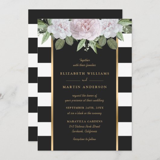 Elegante Schwarz-weiße Streifen Rosa Rosa Blüte Einladung (Vorne/Hinten)