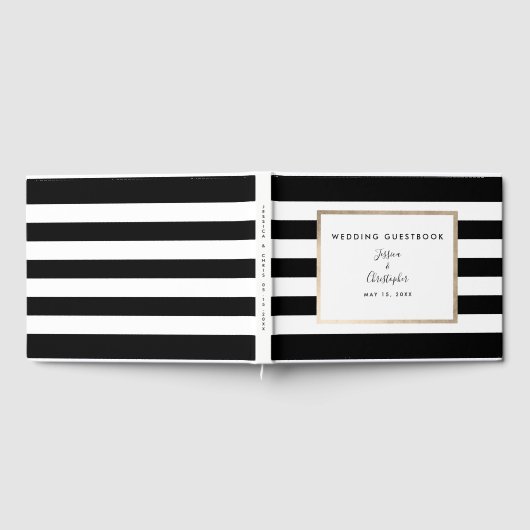 Elegante Schwarz-weiße Stripe Script Rose Gästebuch (Voll)