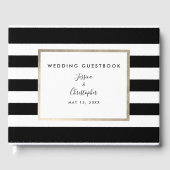 Elegante Schwarz-weiße Stripe Script Rose Gästebuch (Vorderseite)