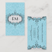 Elegante Schwarz-weiße und blaue Vintage Damasken Visitenkarte (Vorne/Hinten)