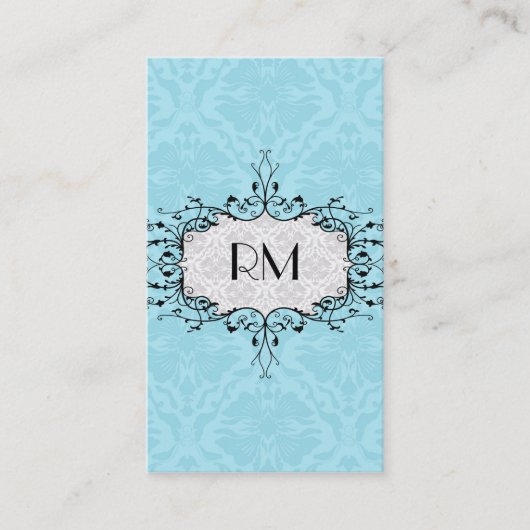 Elegante Schwarz-weiße und blaue Vintage Damasken Visitenkarte (Vorderseite)
