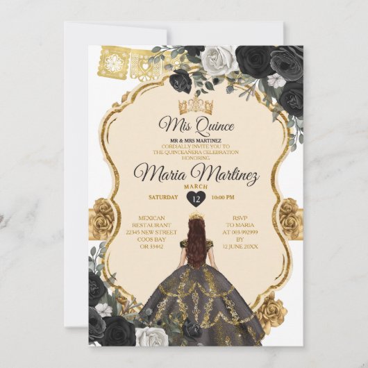 Elegante Schwarz-weiße und goldene Flora Mis Quinc Einladung (Vorderseite)