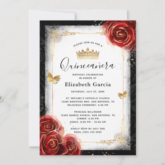 Elegante Schwarz-weiße und rote Quinceanera Einladung (Vorderseite)