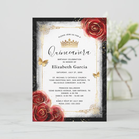 Elegante Schwarz-weiße und rote Quinceanera Einladung (Stehend Vorderseite)