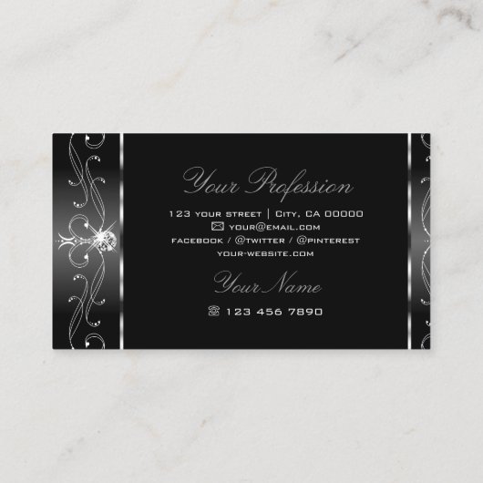 Elegante Schwarz-weiße Verzierte Grenzen Stilvoll Visitenkarte (Rückseite)