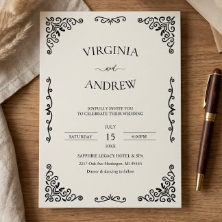 Elegante schwarz-weiße Vintage-Hochzeitseinladung Einladung