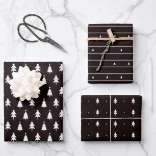 Elegante Schwarz-weiße Weihnachtsbaumen Geschenkpapier Set