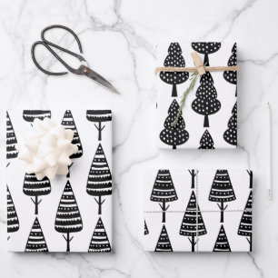 Elegante Schwarz-weiße Weihnachtsbaumen Geschenkpapier Set