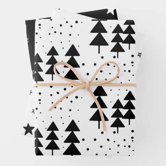 Elegante schwarz-weiße Weihnachtsbaumen Sterne  Geschenkpapier Set (Beispiel)