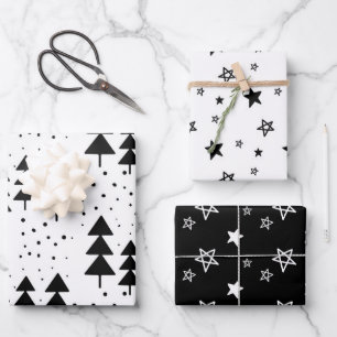 Elegante schwarz-weiße Weihnachtsbaumen Sterne  Geschenkpapier Set