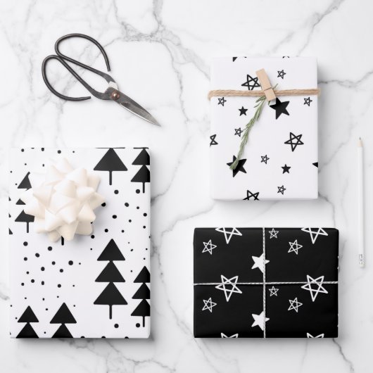 Elegante schwarz-weiße Weihnachtsbaumen Sterne Geschenkpapier Set (Vorderseite)