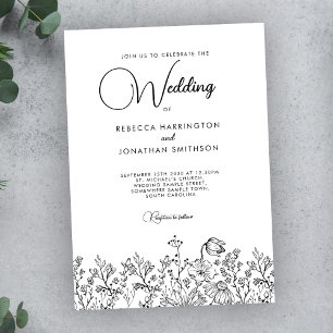 Elegante Schwarz-weiße Wildblumen Foto Hochzeit Einladung