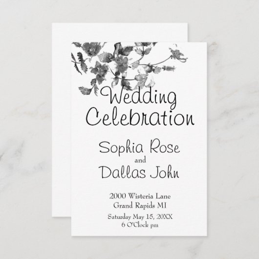Elegante Schwarz-weiße Wildblumen Hochzeit Einladung (Vorne/Hinten)