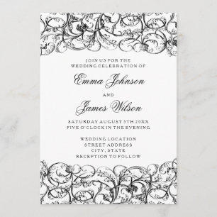 Elegante schwarz-weiße Wirbel-Hochzeitseinladung Einladung