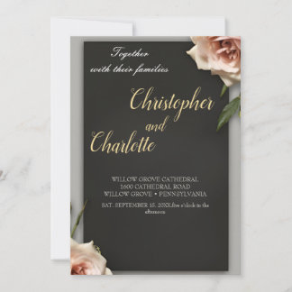 Elegante SchwarzBurgund Rot und Rosa Blumenhochzei Einladung