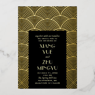 Elegante schwarze asiatische Hochzeit in Gold. Kla Folieneinladung