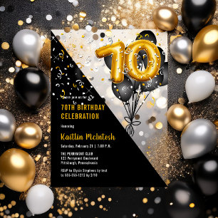Elegante schwarze Ballons Goldene 70. Geburtstag Acryleinladungen