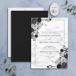 Elegante Schwarze Blume Hochzeit mit Wasserfarben Einladung