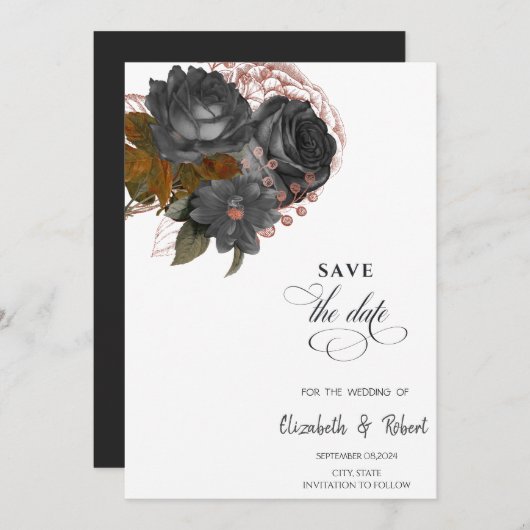 Elegante Schwarze Blume Save the Date (Vorne/Hinten)