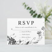 Elegante Schwarze Blume Typografie Blumenhochzeit RSVP Karte (Stehend Vorderseite)