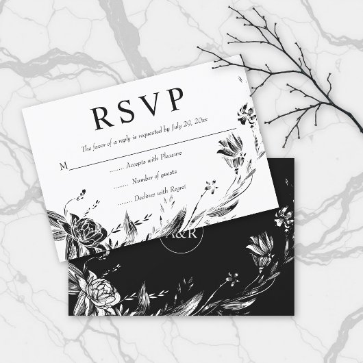 Elegante Schwarze Blume Typografie Blumenhochzeit RSVP Karte