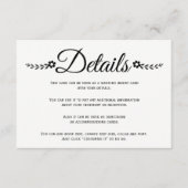 Elegante schwarze Blume Typografie Hochzeitsdetail Begleitkarte (Vorderseite)